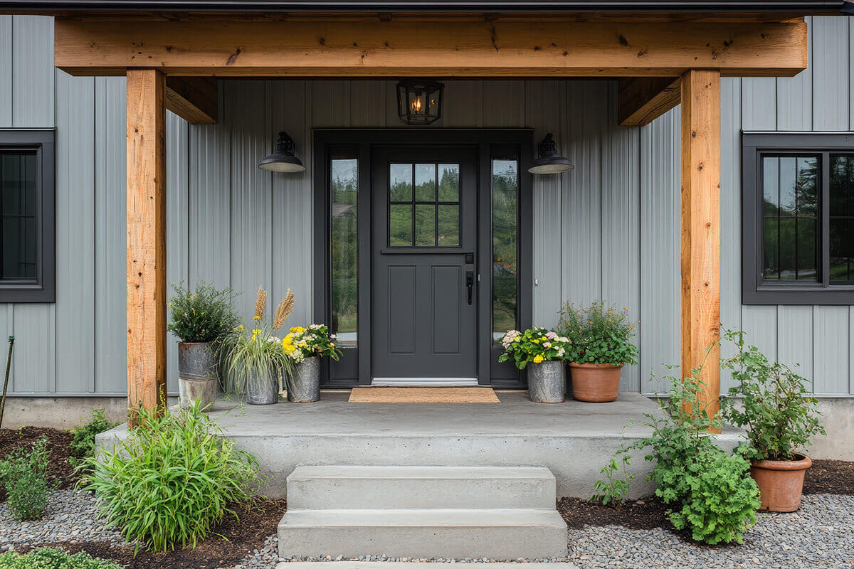 The grey front door of a modern farmhouse