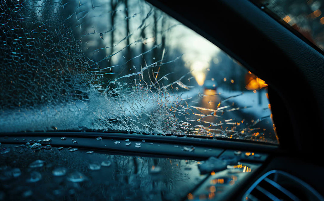 View from inside of car on broken drops on windshield