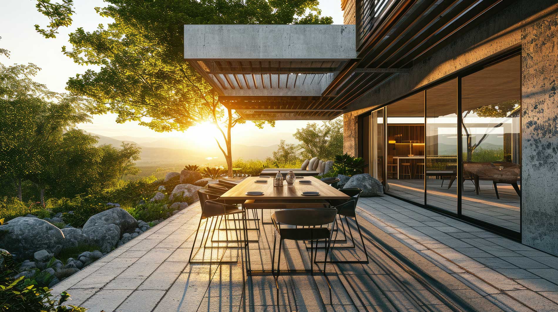 patio outside with floor to ceiling glass windows